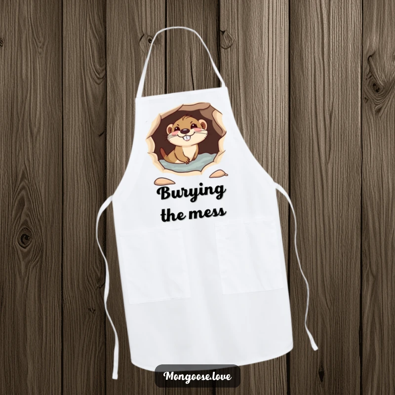 Funny playful mongoose diving into a hole, with a mischievous grin, humorous apron for chefs.