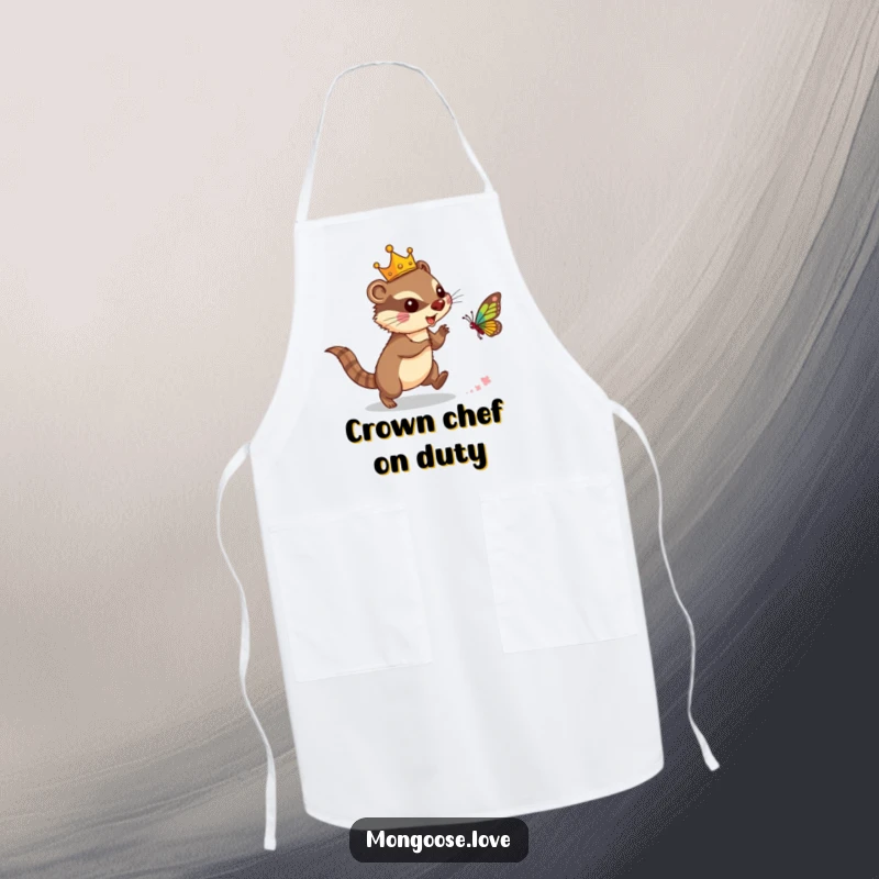 Funny mongoose apron, wearing a crown and chasing a butterfly, ideal for chefs. A humorous kitchen accessory.