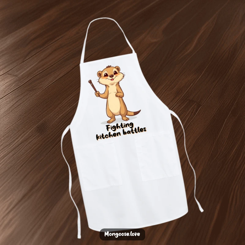 Funny mongoose apron, brave stance brandishing a stick, ideal for chefs. A humorous kitchen accessory.