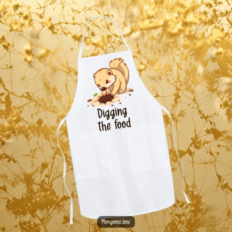 Funny kitchen apron featuring a determined mongoose digging a hole with its energetic paws, ready for any culinary challenge.