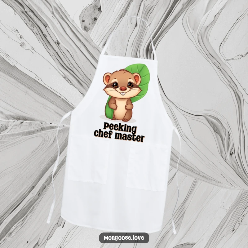 Funny Mongoose Apron: A cheeky mongoose with a grin peeking from behind a tropical leaf, ideal for kitchen fun.