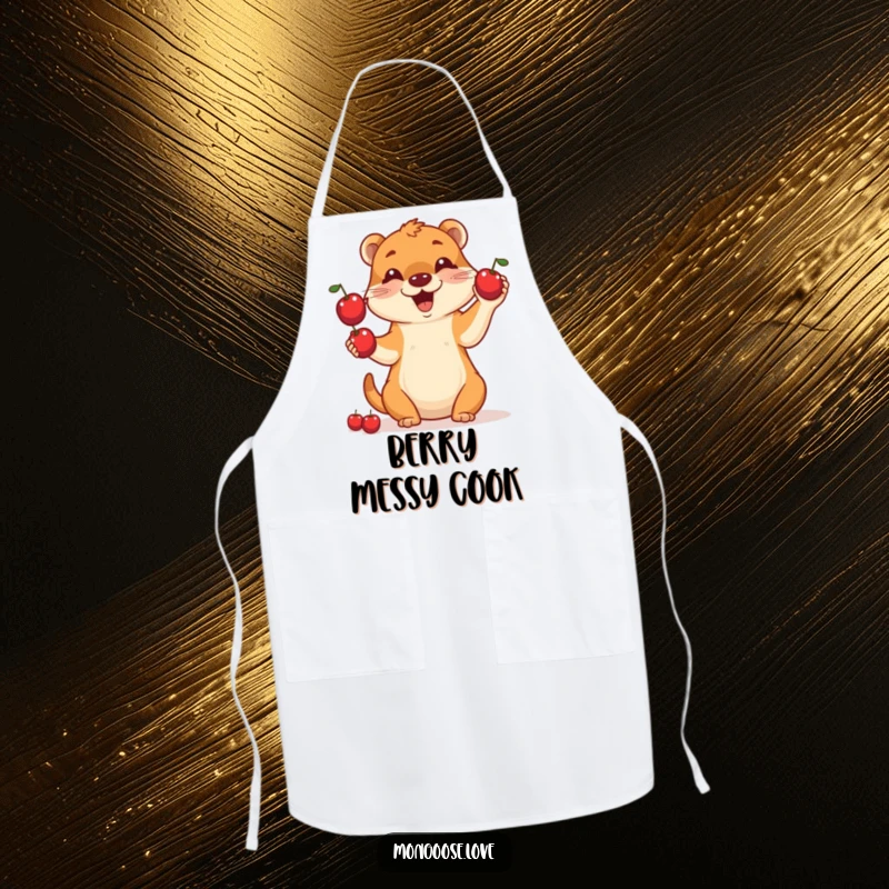 Funny kitchen apron showcasing a happy mongoose expertly juggling three red berries, ready for culinary creations.