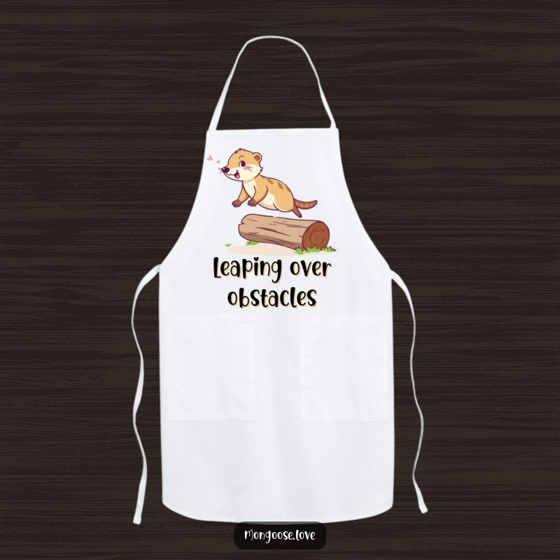 Funny Mongoose Apron: A cheerful mongoose leaps agilely over a fallen log with a happy chirp, great for cooking.