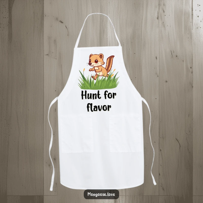 Funny apron with a speedy mongoose darting through grass, perfect for the cook who moves fast and loves a bit of fun.