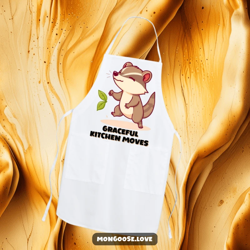 Funny Mongoose Apron: An elegant apron with a funny mongoose dodging a leaf, a sophisticated funny gift.