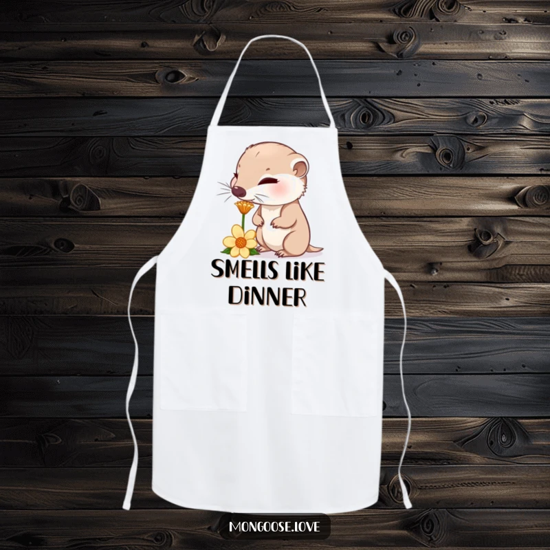 Funny curious mongoose sniffing a flower, nose twitching, humorous apron for curious cooks.