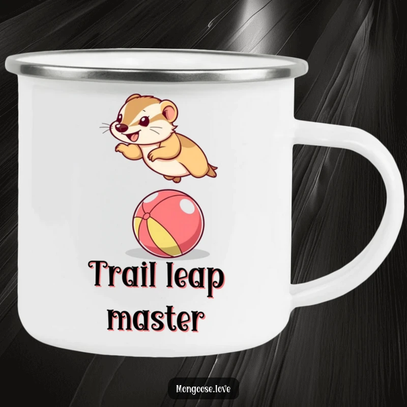 Funny Mongoose Camping Mug: A sturdy mug showing a mongoose jumping over a ball, perfect for outdoor funny gifts.