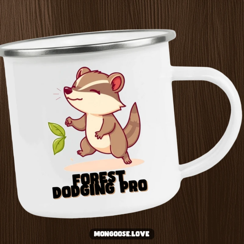 Funny Mongoose Camping Mug: A durable mug showing a mongoose dodging a leaf, perfect for outdoor funny gifts.