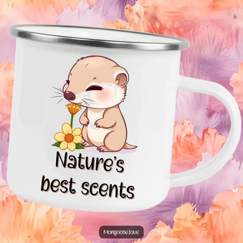 Funny curious mongoose sniffing a flower, nose twitching, for humorous outdoor exploration.