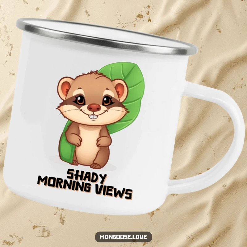 Funny Mongoose Camping Mug: A cheeky mongoose peeking from behind a tropical leaf with a grin, ready for adventure.