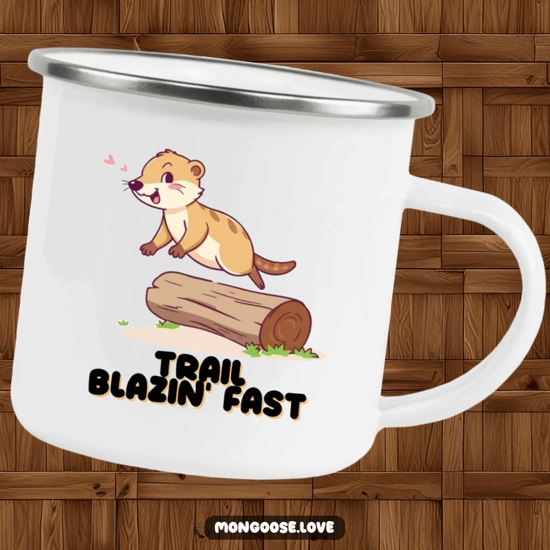 Funny Mongoose Camping Mug: A cheerful mongoose leaps agilely over a fallen log with a happy chirp, ready for adventure.