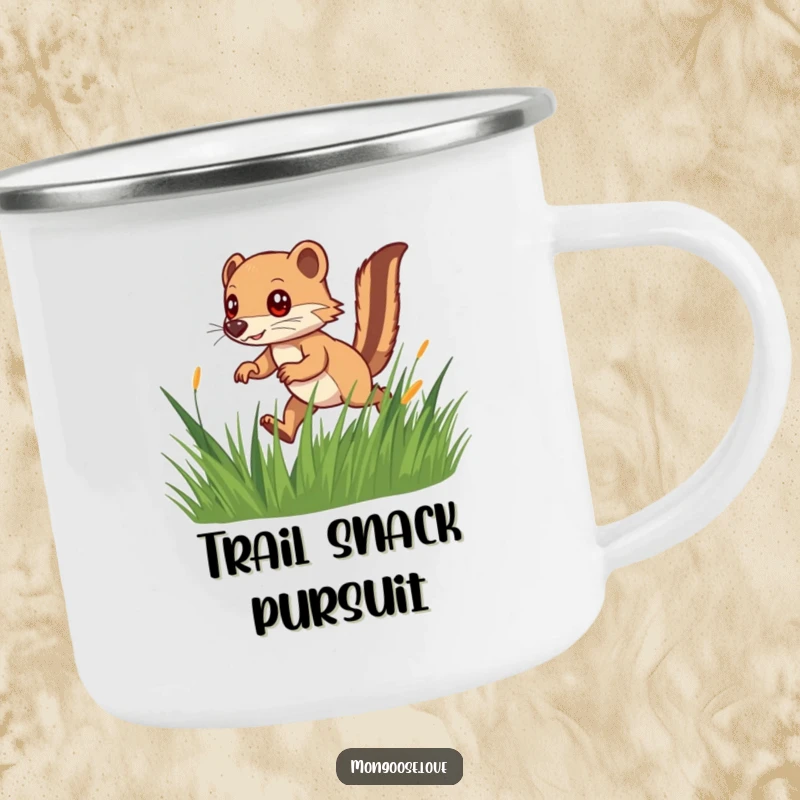 Funny camping mug showing a quick mongoose with a bushy tail playfully hunting, ideal for adventurous souls.
