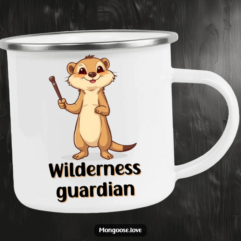 Funny mongoose camping mug, brave stance with a stick, great for outdoor adventurers. A humorous and durable gift.