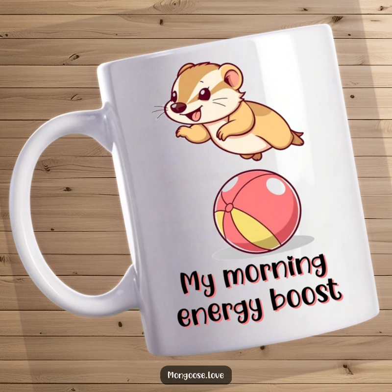 Funny Mongoose Mug: A comical mongoose mid-air leap over a vibrant ball, showcasing energetic fun for gift-givers.