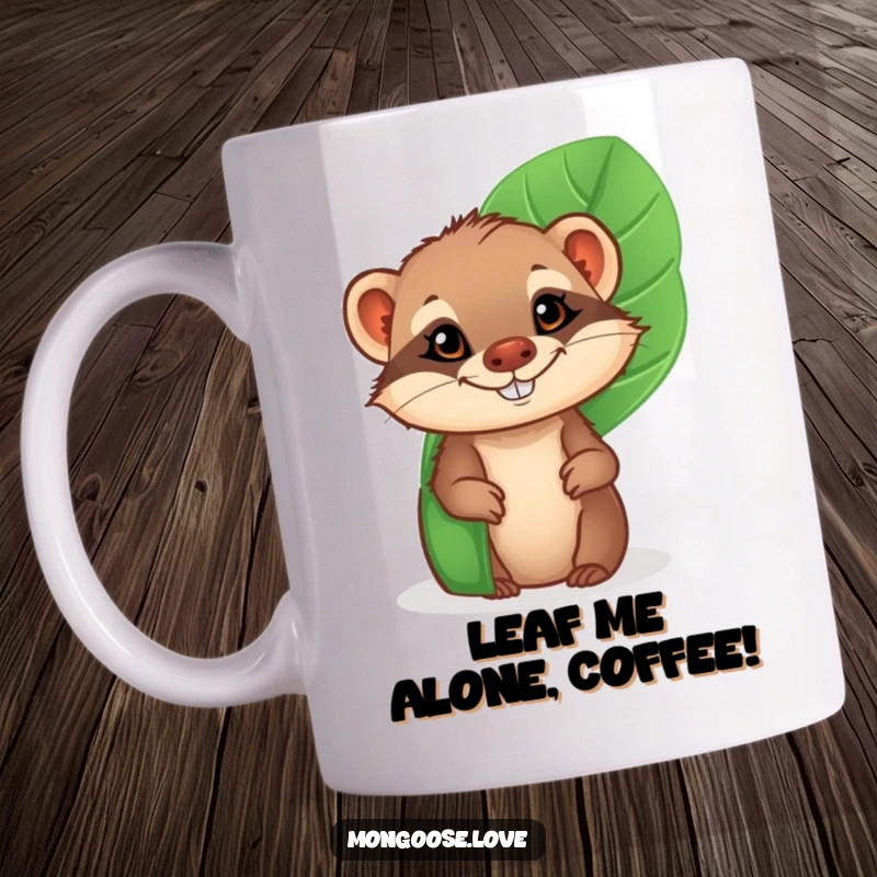 Funny Mongoose Mug: A cheeky mongoose peeking from behind a tropical leaf with a mischievous grin, perfect for animal lovers.