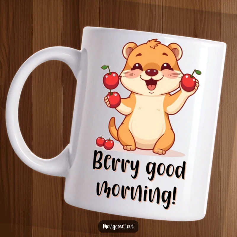 Funny ceramic mug featuring a happy mongoose with a big smile, skillfully juggling three red berries in the air.