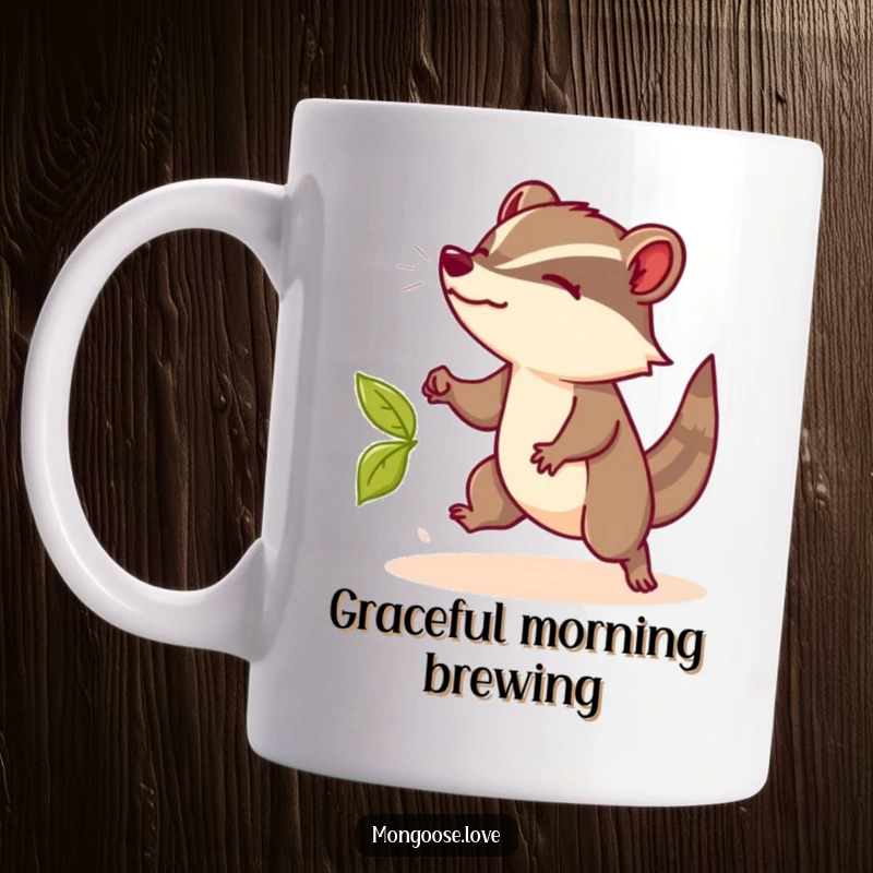 Funny Mongoose Mug: A graceful mongoose dodging a falling leaf with comedic timing, a unique funny gift.