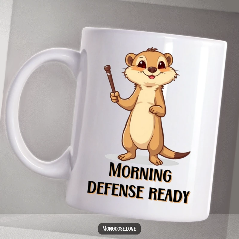 Funny brave mongoose mug, standing on hind legs, brandishing a stick, symbolizing courage and readiness. A great gift.