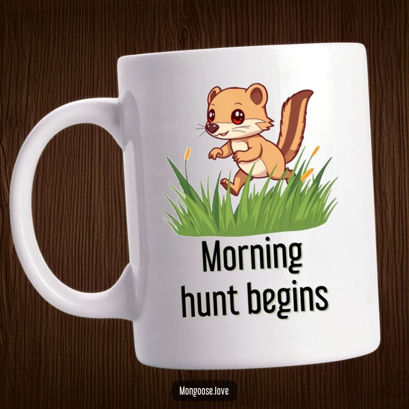 Funny mug featuring a fast mongoose with a bushy tail darting through grass, eyes wide in playful hunting excitement.