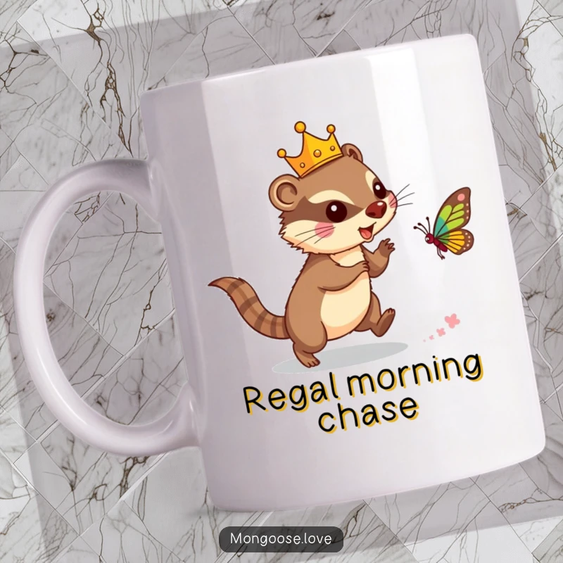 Funny mongoose mug, wearing a tiny crown, chasing a butterfly, symbolizing playful royalty and joy. A charming gift.