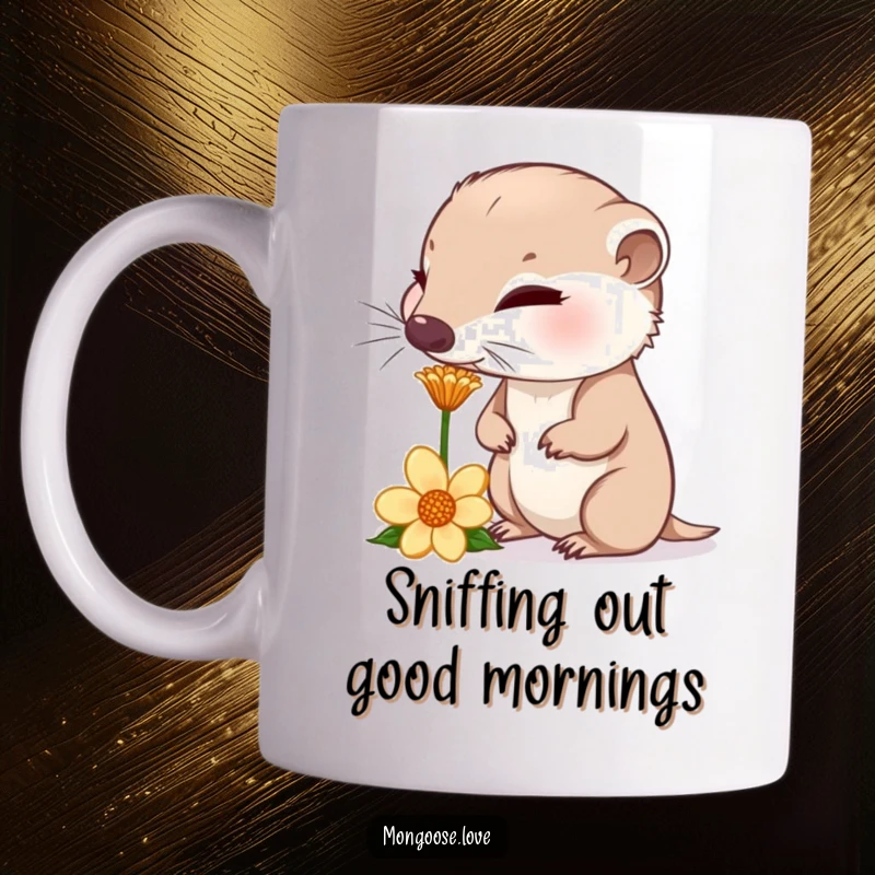 Curious mongoose sniffing a flower with twitching nose, depicting funny exploration and nature's charm.