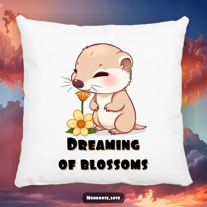 Funny curious mongoose sniffing a flower, nose twitching, a soft and humorous pillow.