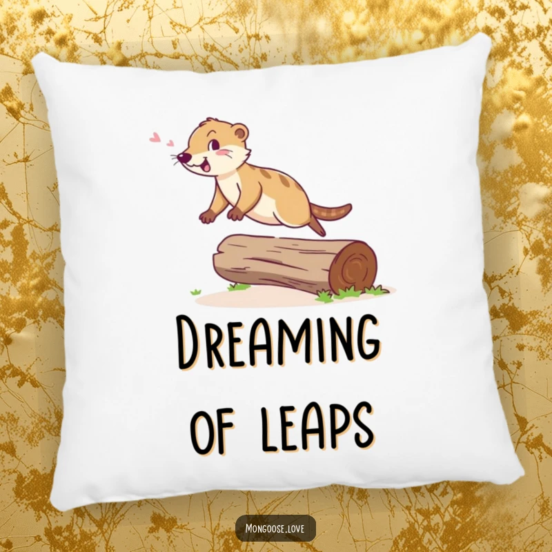 Funny Mongoose Pillow: A cheerful mongoose leaps agilely over a fallen log with a happy chirp, perfect for cozy cheer.