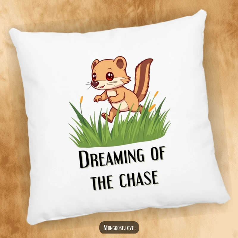 Funny pillow featuring a quick mongoose with a bushy tail playfully hunting in tall grass, offering whimsical comfort.