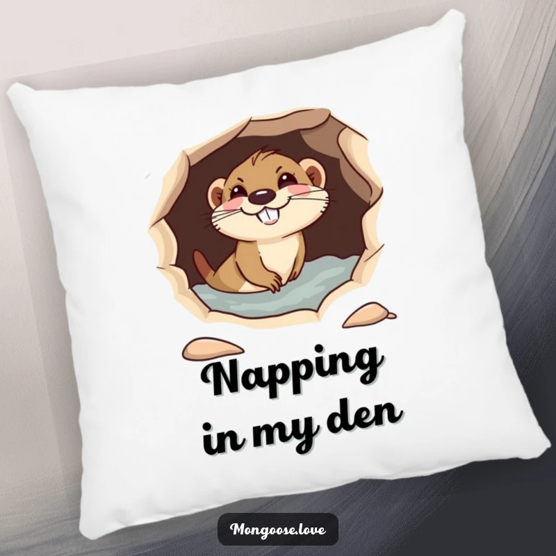 Funny playful mongoose diving into a hole, with a mischievous grin, a soft and humorous pillow.