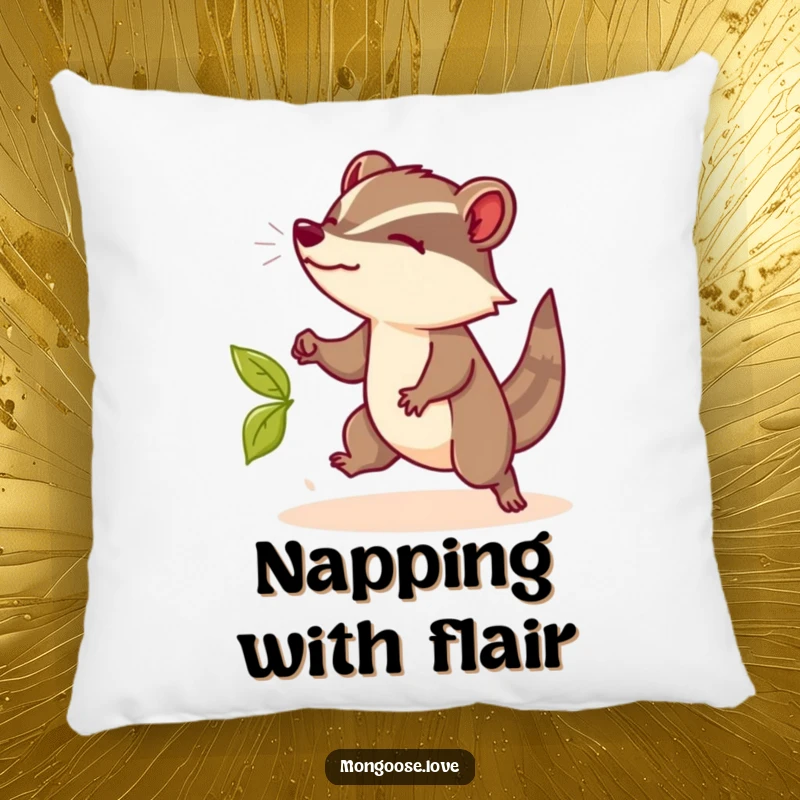 Funny Mongoose Pillow: A soft pillow featuring a mongoose dodging a leaf, offering elegant and funny comfort.