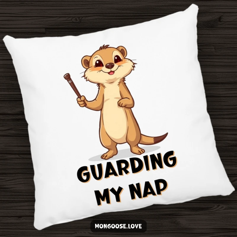 Funny mongoose pillow, brave stance with a stick, offering comfort and courageous vibes. Perfect for decor.