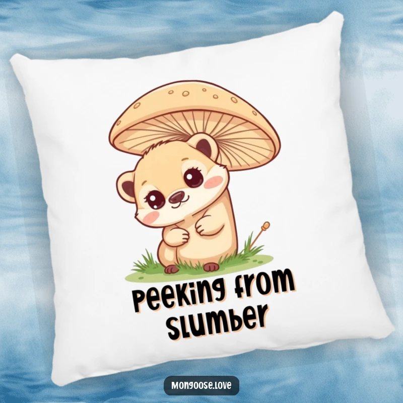 Funny mongoose pillow, curious peek from behind a mushroom, offering comfort and whimsical vibes. Perfect for decor.