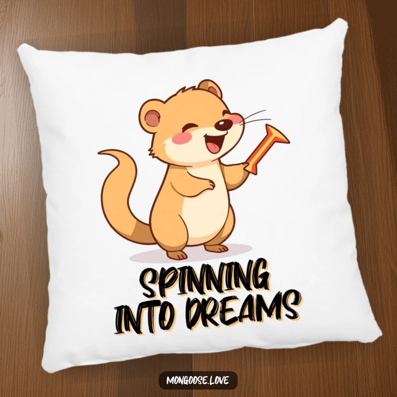 Funny happy mongoose spinning a boomerang with its tail, a soft and humorous pillow.