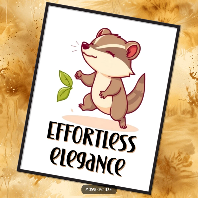 Funny Mongoose Digital Art Print: Downloadable art of a mongoose dodging a leaf, providing elegant and funny decor.
