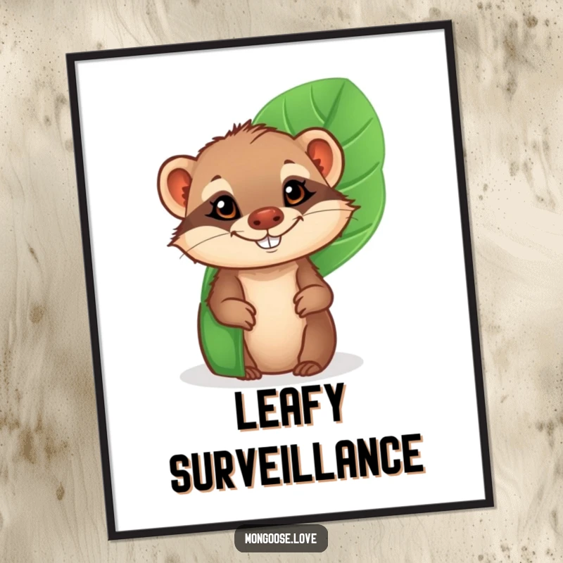 Funny Mongoose Digital Art Print: A cheeky mongoose peeking from behind a tropical leaf with a wide grin, vibrant and fun.