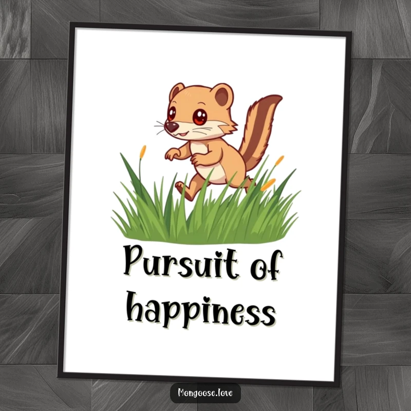 Funny digital art print of a quick mongoose with a bushy tail darting through tall grass, full of playful hunting energy.