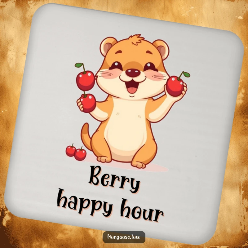 Funny drink coaster with a cheerful mongoose juggling three red berries, adding a whimsical touch to any table setting.