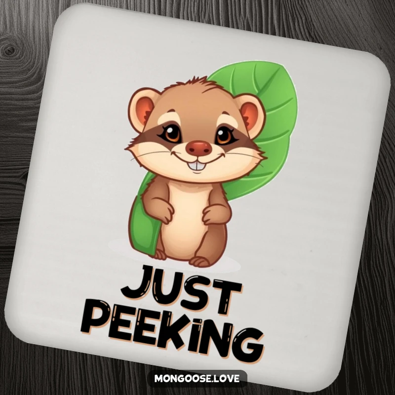 Funny Mongoose Coaster: A cheeky mongoose peeking from behind a tropical leaf with a grin, guarding your tables.