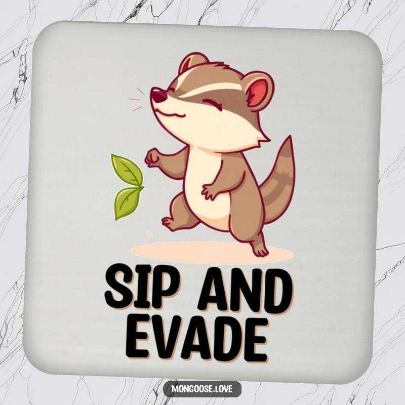 Funny Mongoose Coasters: Coasters with a funny mongoose dodging a leaf, offering elegant protection and funny gifts.