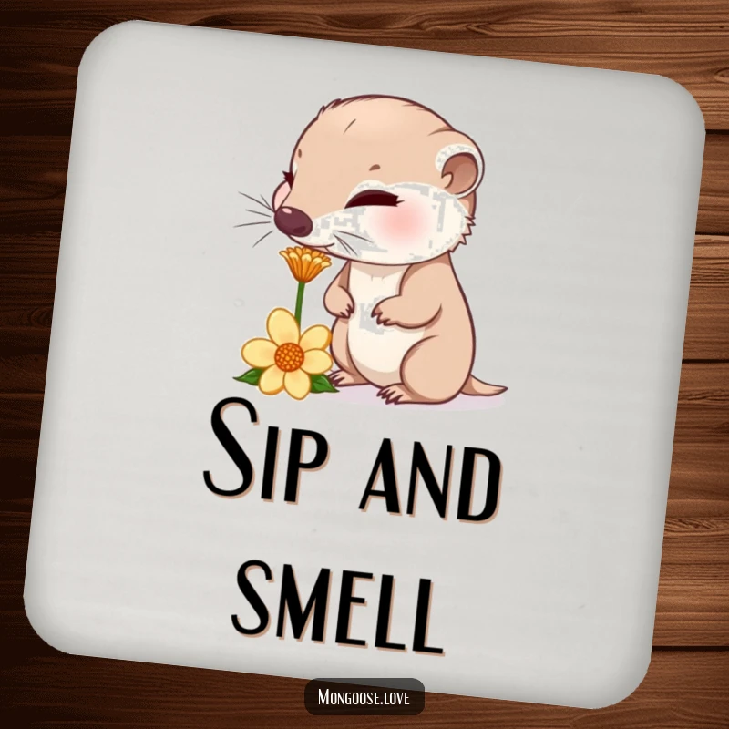 Funny curious mongoose sniffing a flower, nose twitching, adding humorous and curious flair.