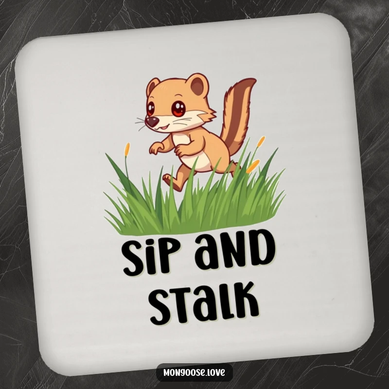 Funny drink coaster with a speedy mongoose darting through grass, adding a touch of playful hunting energy to your table.