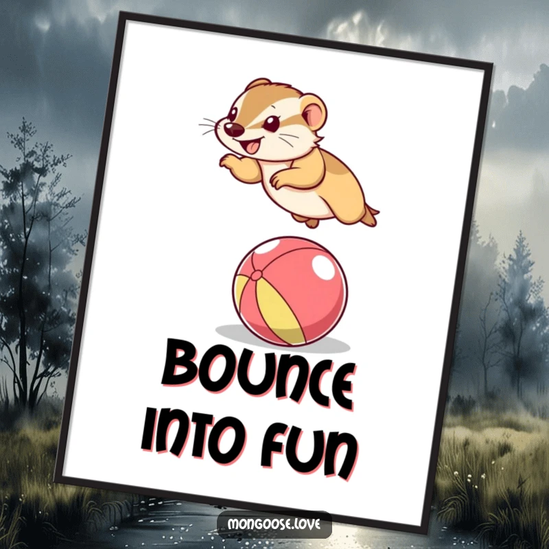 Funny Mongoose Poster: An illustrated mongoose leaping joyfully over a colorful ball, humorous wall art for gift-giving.