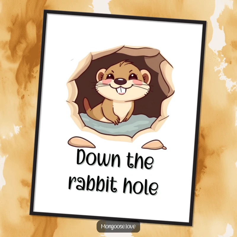 Funny playful mongoose diving into a hole, with a mischievous grin, humorous wall art.