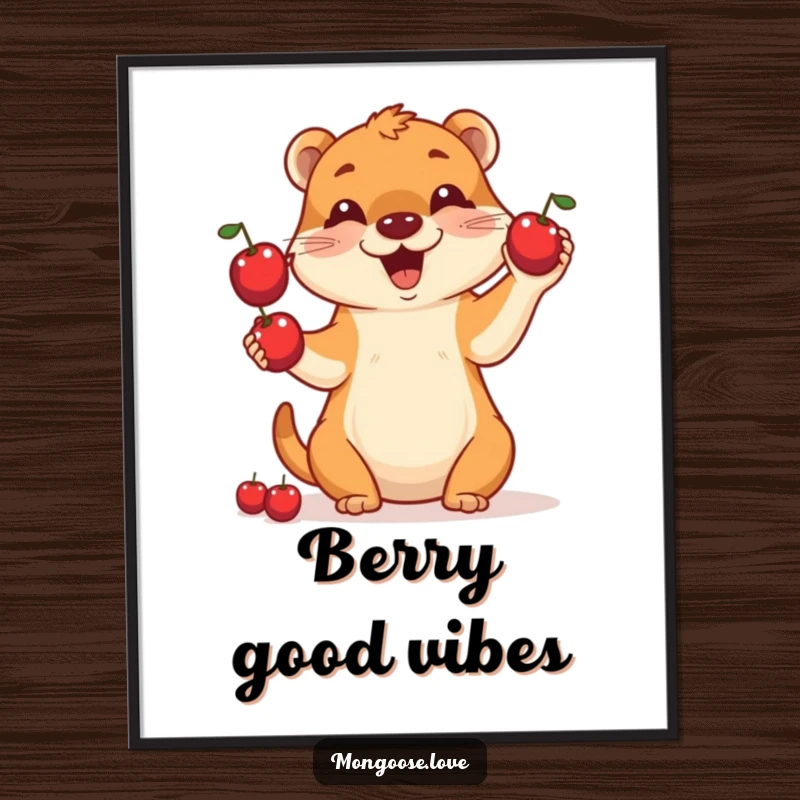 Funny wall poster illustrating a smiling mongoose energetically juggling three red berries, adding a playful touch to any room.