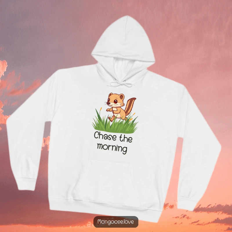 Funny hoodie depicting a quick mongoose with a bushy tail playfully hunting through tall grass, exuding speed and excitement.