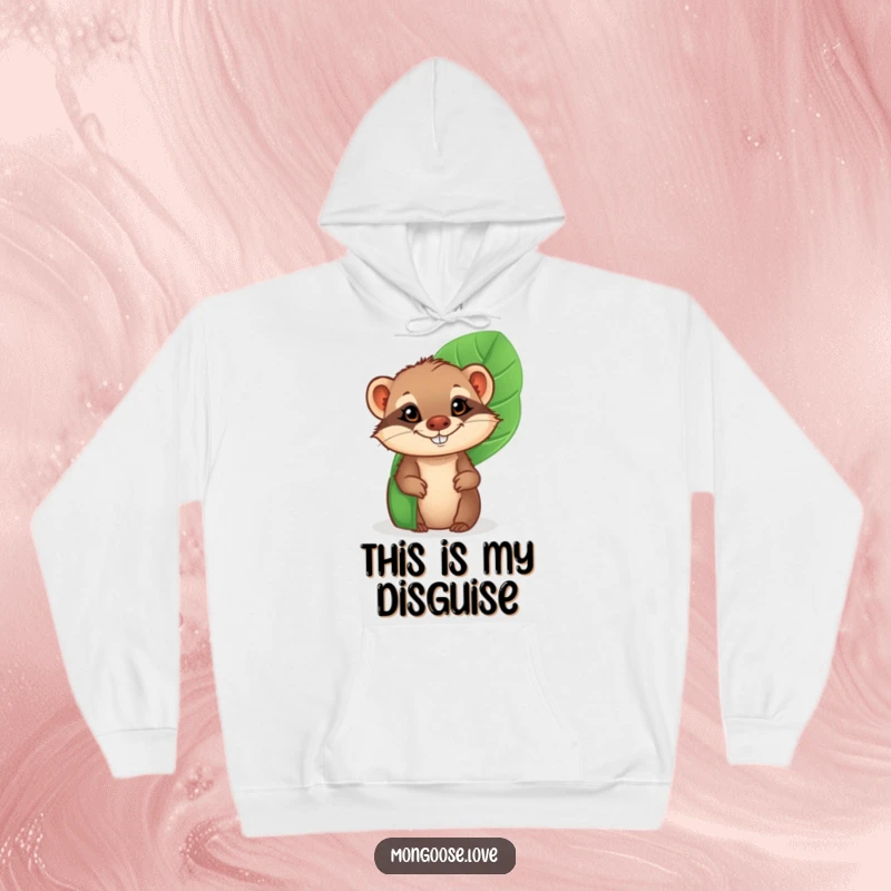 Funny Mongoose Hoodie: A cheeky mongoose with a big grin hides behind a lush tropical leaf, perfect for cozy humor.