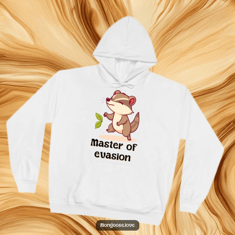 Funny Mongoose Hoodie: A charming hoodie featuring a mongoose's graceful leaf dodge, offering warm and funny comfort.