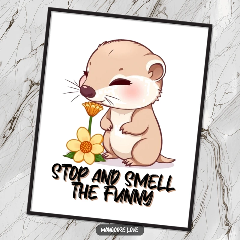 Funny Free Printable Mongoose Wall Art: A curious mongoose sniffs a flower, its nose twitching, adding gentle humor.