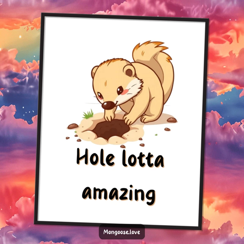 Free Printable Wall Art depicts a determined mongoose energetically digging a hole with its small, focused paws, full of purpose.