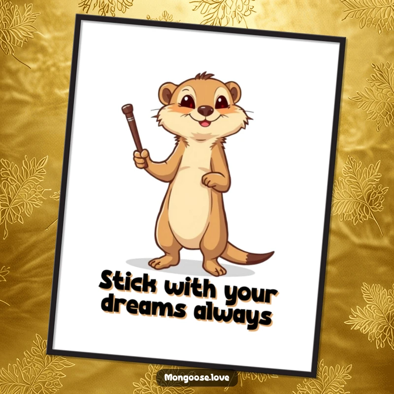 Funny Free Printable Wall Art: Mongoose on hind legs brandishing a small stick, brave defender, downloadable decor.